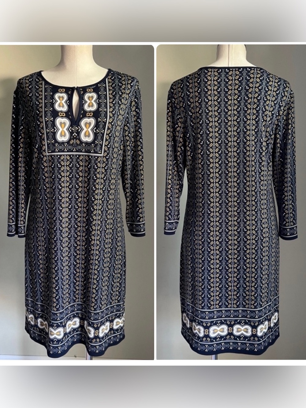 Max Studio Sheath Dress Sz L 3/4 Sleeve Floral Navy Yellow Stretch Travel Casual